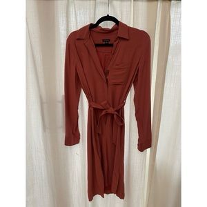 ANN TAYLOR BELTED POCKET BURNT ORANGE/DARK SALMON MIDI ZIP SHIRTDRESS